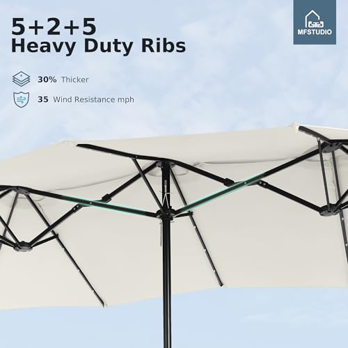 MFSTUDIO 15ft Double Sided Patio Umbrella with Solar Lights, Outdoor Large Umbrellas with Crank Handle and 36 LED Lights, Rectangular Market Umbrella with Base Included for Deck Pool Shade, Ivory