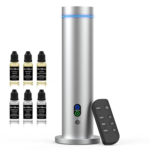 Maromalife Waterless Diffuser, 1000 Sq.Ft Coverage, Essential Oil Diffuser with Tilt-Safe, Remote Control, Adjustable Mist, Mood Lights Aromatherapy Diffuser for Home, Room, Office, Hotel, Silver