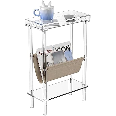 Eglaf Acrylic Narrow Side Table for Small Spaces - Slim End Table with Magazine Holder - Skinny Side Table Small Bedside Table Nightstand for Living Room Bedroom- 15.7” L x 7” W x 23.9” H, Clear Cover