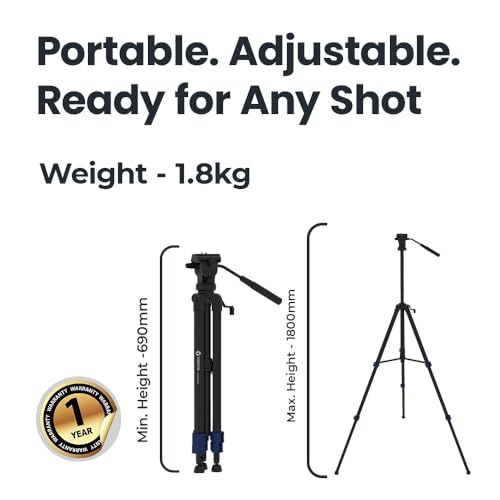 Image of Toreto Atlas X1 Pro 1.8m Professional Tripod for Smartphones, DSLR & DV Camera, Fluid Pan Head with Bubble Level, 360 Rotation, Rubberized Anti-Slip Legs, Quick Release Plate