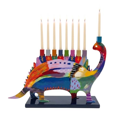 Yair Emanuel Hanukkah Menorah Dinosaur Shape 8.6 x 11.4 Inches Colorful Double-Sided Design Modern Chanukiah for Standard Hanukkah Candles