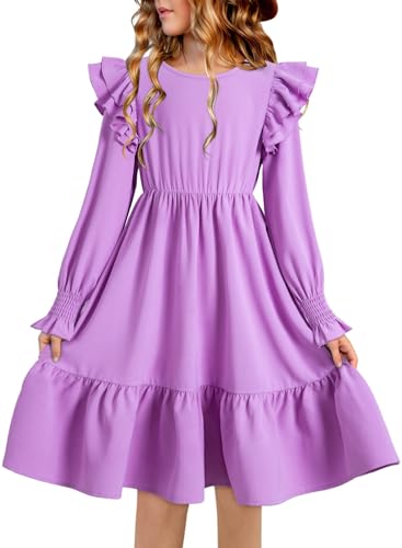 blibean Girls Fall Wedding Dresses Tween Kids Long Sleeve Clothes Solid Flare Smocked Party Outfits Elegant Ruffle Modest Girl Formal School Dress Size 12-13 Years Old Purple