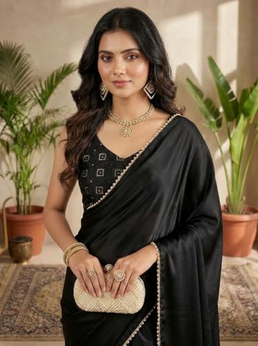 Image of FABIAN FASHION Women's Plain Japan Satin Silk Saree with Pearl Lace Border, Includes Unstitched Matching Blouse Piece - Elegant Saree(AVN 1694)