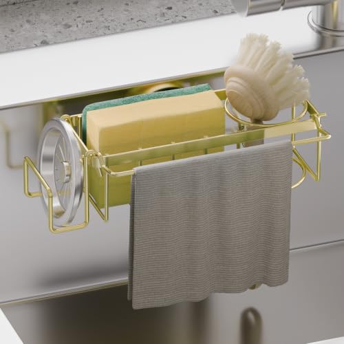 Image of TAILI 4-in-1 Sponge Holder for Kitchen Sink with Strong Suction Cup-Gold | Removable Rustproof 304 Stainless Steel Multi-compartment Sponge Holder with Suction Cup, Keeps Brushes & Scrubbers Tidy