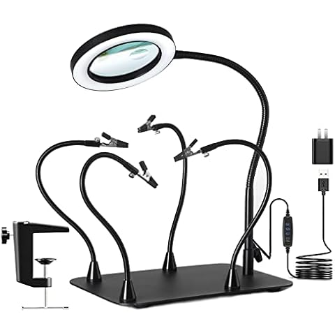 KUVRS 5X&10X Magnifying Glass with Light and Stand, Flexible Magnetic Helping Hand, Large Base & Clamp Magnifying Lamp, 3 Color Adjustable Arm Desk Magnifier with Light for Soldering Craft Hobby Cover
