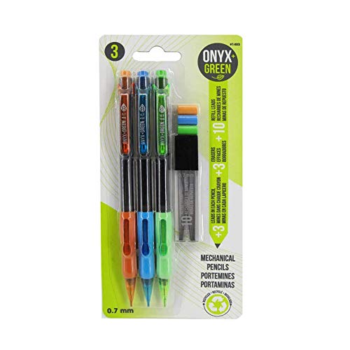 Onyx & Green Mechanical Pencils 0.7mm Pack of 3 with 3 Pencils, Leads and extra Erasers, Made from 100% Recycled Plastic (1403)