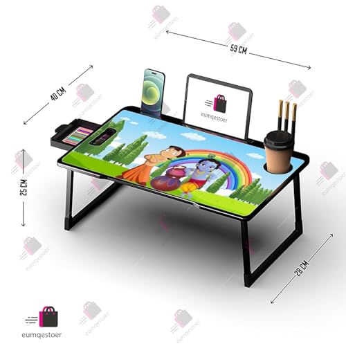 Image of Foldable Wooden Mini Laptop Table for Bed, Study Table with Drawer, Tablet /Mobile Holder for Kids & Adults (US-BHIM Krishna COTED)