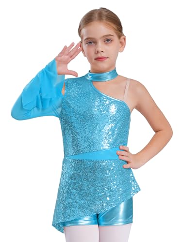 JEATHA Maillot De Gimnasia De Danza Para Niñas Body Manga Larga Con Lentejuelas Leotardo De Baile Latino Disfraz De Bailarina Actuación Azul claro 7-8 años