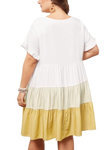 Image of Agnes Orinda Women's Plus Size Babydoll Ruffle Short Sleeve Casual Loose Flowy Swing Hem Chambray V Neck Mini Dress 4X Yellow