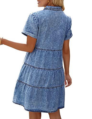 Lookbookstore Jean Dress For Women Trendy Denim Babydoll Dress Short Sleeve Jean Dress Lapel Collared Casual Dress For Women Summer 2023 Reef Blue Size Babydoll Denim Dress Size 8 Size 10 #TOP1