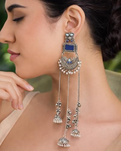 Image of Kashmiri Earrings for Women |Square Stone Fan Chain Earring | Ethnic Oxidised Silver Long Chain for Girls Bridal Festive |Gift for Girls Women