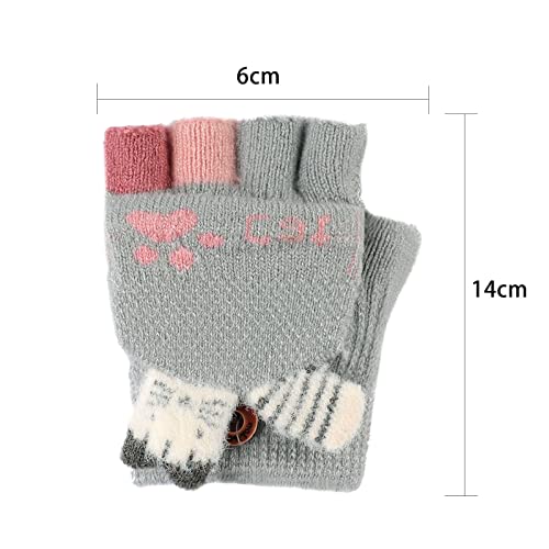 BXT Kids Convertible Fingerless Gloves, Cute Animals Winter Warm Knitted Glove with Mitten Cover Cover(Gray Cat)2