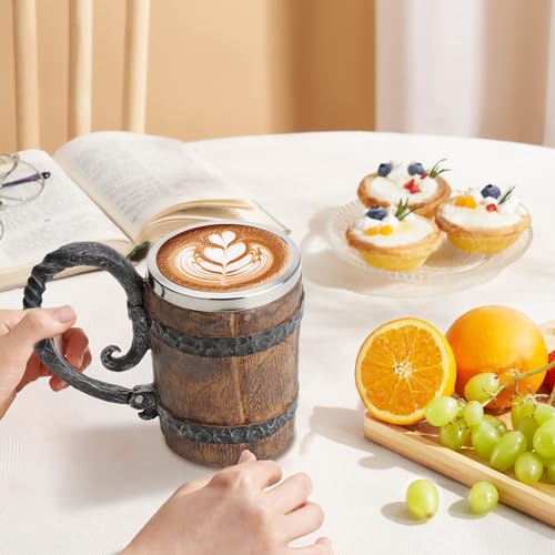 VORAGA Handmade Wooden Barrel Beer Mug, Bucket Shaped Drinkware with Handle, Stainless Steel Double Wall Cocktail Mug for Bar Restaurant, Vintage Bar Accessories (18 oz)