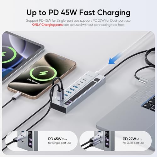Image of 9-in-1 USB 3.2 Data Hub, Power Adapter NOT Included, Powered USB C Hub with 3 x USB-C 10Gbps, 4 x USB-A 5Gbps and 2 x 24 /45W USB-C PD Charging Ports USB Hub