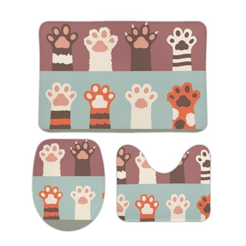トイレマット 3点セット 猫図案 肉球柄 猫の肉球柄 フタカバー 便座カバー 洗える 足ふきマット ふわふわ 滑り止め U型 O型 兼用 ズレない おしゃれ 吸水速乾 40cm x 60cm