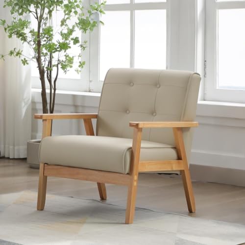 BTYJLEBE ソファー 1人掛け 【天然木脚・ラバーウッド | たっぷり厚みのクッション】 ひとりがけソファー sofa 一人用ソファー カウチソファ 沙? 読書用椅子 座椅子 おしゃれ シンプル レトロ 新生活 リビング 寝室 ベージュ
