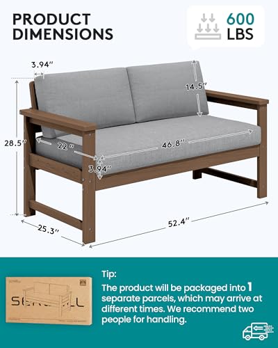 Image of SERWALL HDPE Outdoor Loveseat with Cushions, All Weather Use Outdoor Loveseat Sofa, Brown Frame /Grey Cushion