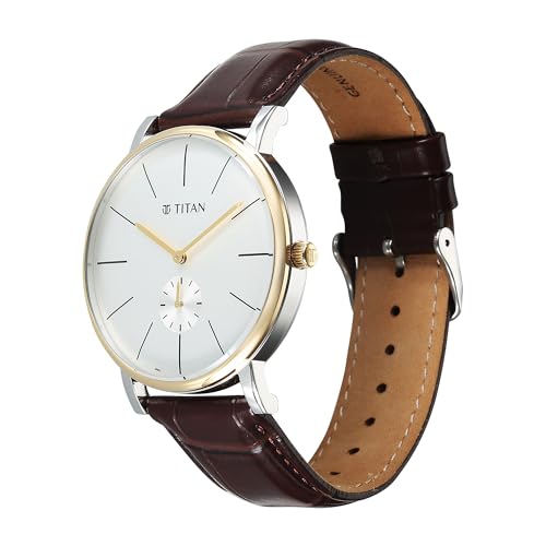 Image of Titan Elegance Analog with Small Second and White Dial Brown Leather Strap Watch for Men - 90203BL01