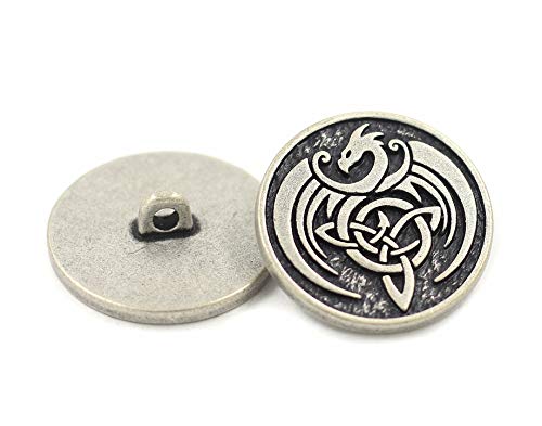 Bezelry 8 Pieces Celtic Dragon Metal Shank Buttons. 25mm (1 inch) (Antique Silver)