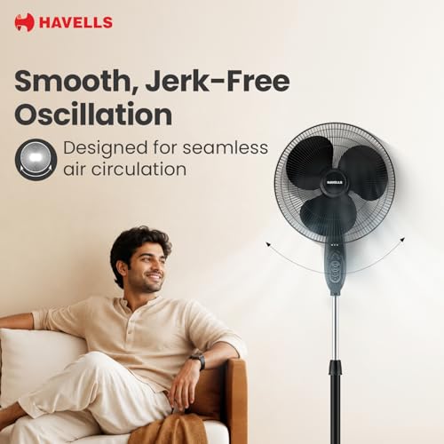 Image of Havells Gatik Pro 400mm BLDC Pedestal Fan| 120 Ribs Guard for Safety| Smooth Oscillation| Heavy Base| ISI Marked | 2 Year Warranty | Black