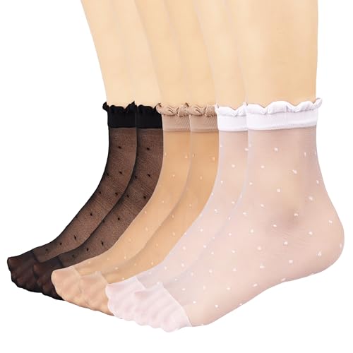 Mcool Mary 12 Pairs Women's Sheer Ruffled Socks Frilly Ankle High Nude Nylon Stocking...
