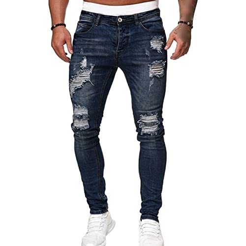 Maiyifu-GJ Men's Skinny Ripped Stretch Jeans Destroyed Distressed Tapered Leg Denim Pants Holes Slim Fit Biker Jean Trousers