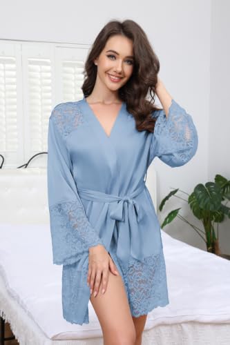 Anetyflying Women Slik Robes Lace Trim Stain Kimono Bathrobe for Bridesmaid - image 6