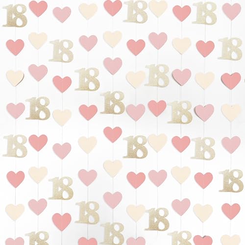 Image of Champagne Gold Pink 18th Birthday Decorations Champagne Gold Dusty Pink Heart Garland Streamer Banner Backdrop for Girls Happy 18th Birthday Time to Adult Cheers to 18 Years Old Party Supplies