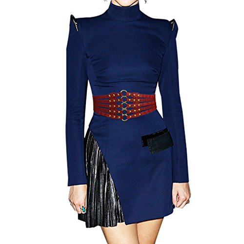 Fashion Women's PU Leather Wide Waist Belt Hollow Out Rivets Stretch Cinch Waistband2