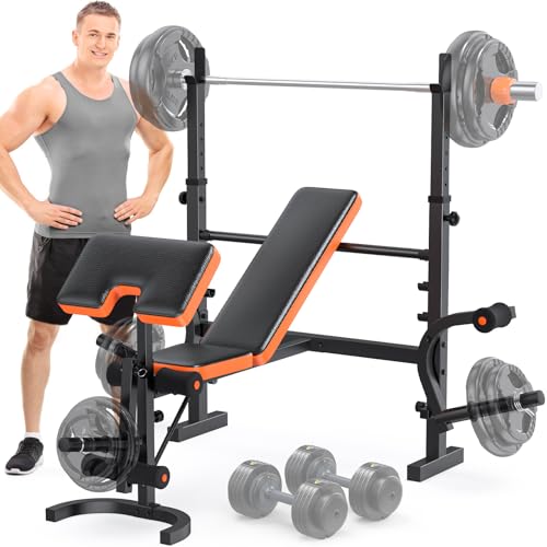 Image of Fostoy 9-in-1 Adjustable Olympic Weight Bench with Lat Pulldown, Row, Squat Rack & Leg Curl - Multi-Function Strength Training Bench Press for Home Gym Full Body Workout