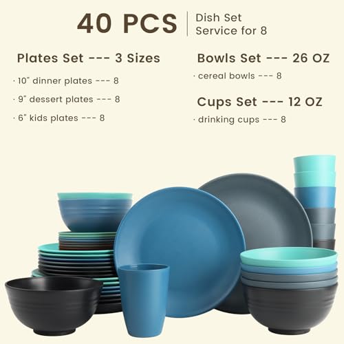 Image of Homienly 40 PCS Premium Wheat Straw Dinnerware Sets, Reusable Unbreakable Plates and Bowls Set, Cups Sets, Service for 8, Microwave and Dishwasher Safe Dishes Set for Party, Outdoor (Nightscape)