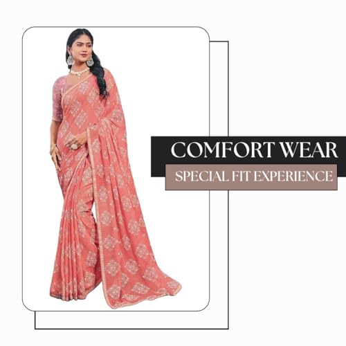 Image of Laxmipati Sarees Women's Floral Printed Chiffon Saree in Peach Color with unstitched Blouse Material - Suitable For All Indian Occasions and Festivals
