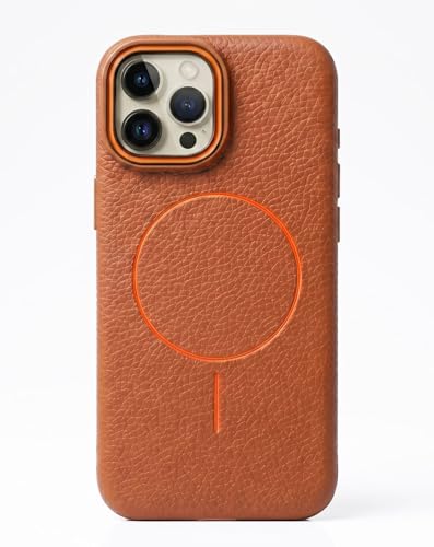 Image of amazon basics Luxury MagSafe Compatible Leather Texture Back Cover for iPhone 13 Pro | Raised Camera Protection | Slim Fit Shockproof Case with Metallic Accents (Orange)