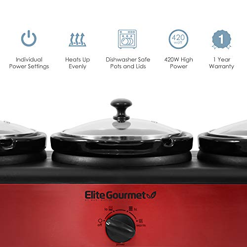 Elite Platinum Ewmst Adjustable Temp Dishwasher-Safe Oval Ceramic Pots, Lid Rests, 3 X 2.5Qt Capacity, Red #TOP1