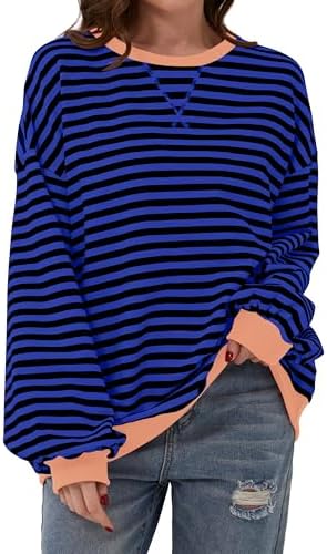 DUOEASE Pullover Damen Streifen Oversize Pullover Langarm Herbst Rundhals Sweatshirt Y2K Oberteile