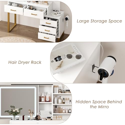 Garvee 46.8'' Vanity Desk with Mirror, LED Lights and Power Outlet, Makeup Vanity Table with 5 Drawers and 3 Storage Shelves, Dressing Table with Black Handle for Bedroom, Dressing Room (Black)