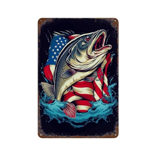 POLIUAWS Bass Fishing Dad USA Flag Plaque En Métal Vintage Pour Salon, Chambre, Salle De Jeux, Bureau, Garage11.8 x7.9