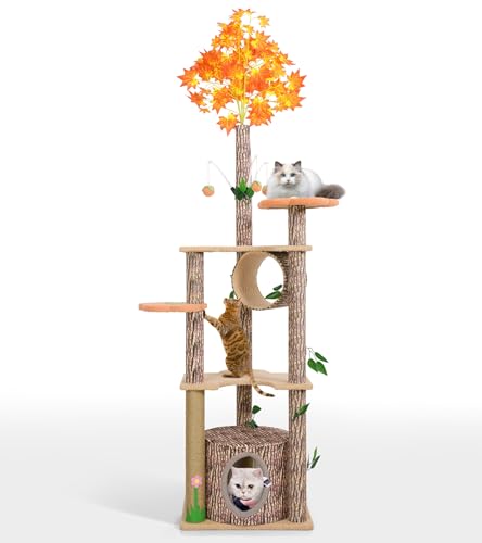 Lucky Monet Cat Tree with Leaves for Indoor Cats, 61 Inch Unique Forest Themed Cat Tree Tower, Fun Cat Activity Tree with Scratching Post, Condo, Flower Platform
