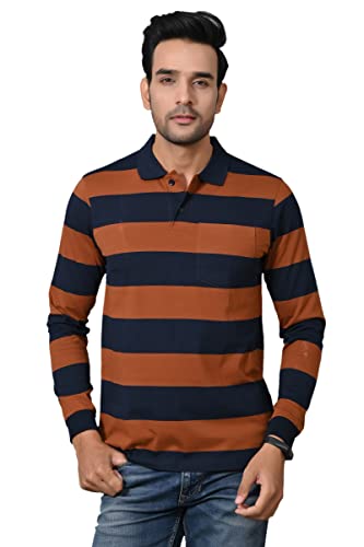 Image of ARBOUR Men Polo Neck Stripes Pocket Full Sleeves T-Shirt
