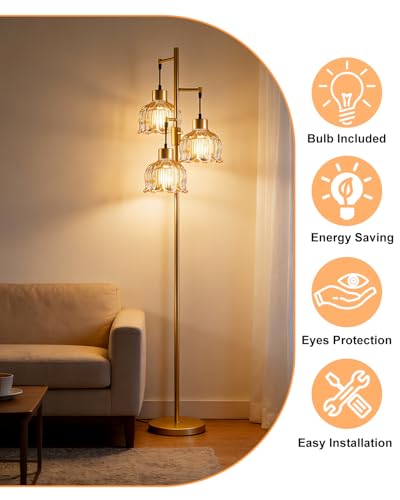 Image of Lightdot 3-Light Lotus Floor Lamp 65'' Dimmable with Brown Glass Shade & E12 Bulbs Included, Mid Century Tall Flower Lamp with 5Lbs Heavy Base for Living Room /Bedroom /Sofa Beside /Corner Decor - Gold
