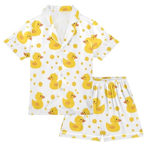 ALAZA Cute Yellow Duck Polka Dot Pajamas Satin Pajama Set Short Sleeve Button Down Sleepwear