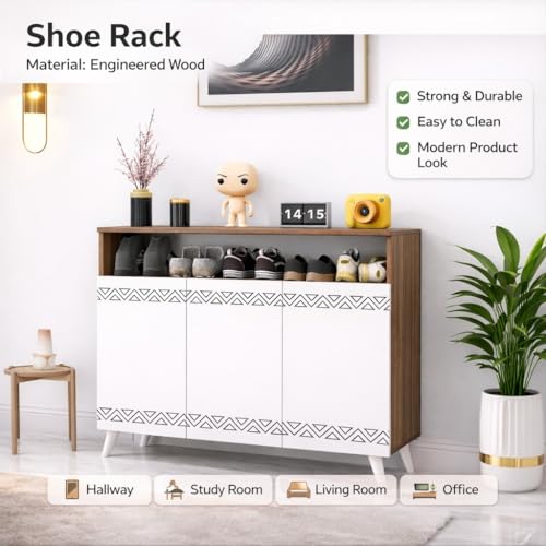 Image of Spyder Craft Engineered Wood Shoe Rack with Door Multi-Layer Storage Organizer Shelf Free Standing Stand Entryway Rack Cabinets (Wood Brown & White /120 x 96 x 35 cm), DIY(Do-It-Yourself) (SL1)