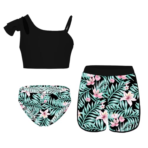 Girls Tankini Sets One Straps Ruffles Bikini Crop Top with Brief Hawaii Shorts Bathing Suits