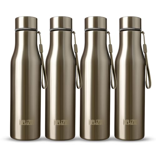 Image of KEMP DELIZIO Edition Stainless Steel Fridge Water Bottle 1000 ML | 1 L | Single Walled | Office | Gym | Travelling | Leak Proof LID | ECO Friendly | BPA Free | for Adult, Kids (BRITA -4 Pack)