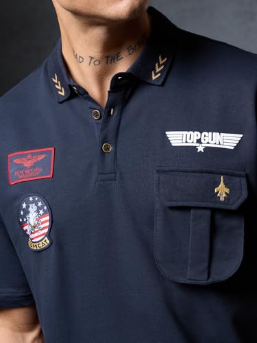 Image of The Souled Store Official Top Gun: Classic Men and Boys Short Sleeve Collared Neck Navy Blue Cotton Oversized Polos