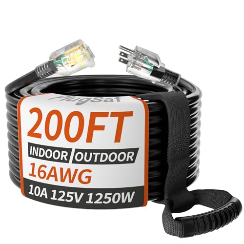 PlugSaf 200 ft 16 awg Outdoor Extension Cord Black Cold Weatherproof -58F Flame Retardant Flexible 3 Prong Electric Cord Waterproof for Lawn Office 10A 1250W 16AWG SJTW ETL Listed