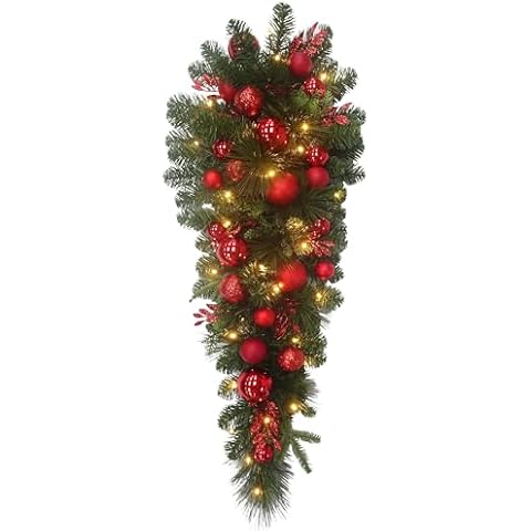 3.5 Feet Pre-lit Christmas Ornament Artificial Pine Teardrop w 23 Red Balls Real Grapevine Base (30 LED Lights, 8 Flash Options) for Xmas Decor at Shop Home Table Cabinet Door Wall Window (Battery) Cover