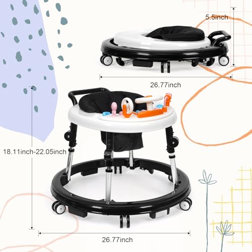 music and lights baby walker foldable with 9 adjustable heights baby walker with wheels portable infant toddler walker for baby boy girls 6-18 months