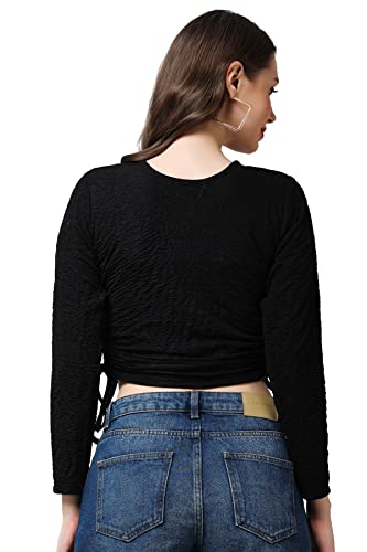 Image of POPWINGS Casual Self Design Regular Fit Polyester Full Sleeves Crop Tops for Women with Crush String