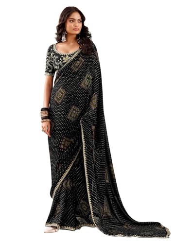 Image of SIRIL Women's Georgette Bandhani Printed, Embroidery Lace Saree With Unstitched Blouse Piece